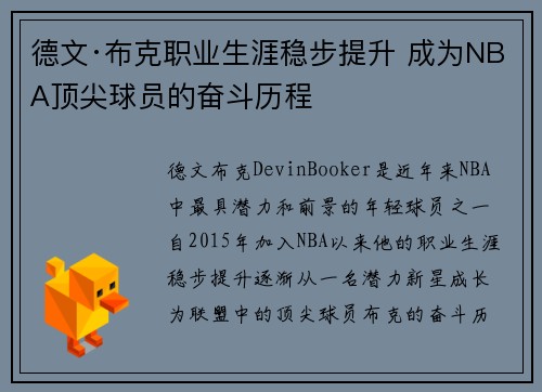 德文·布克职业生涯稳步提升 成为NBA顶尖球员的奋斗历程