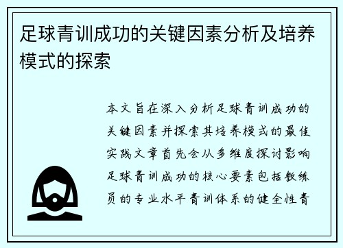 足球青训成功的关键因素分析及培养模式的探索