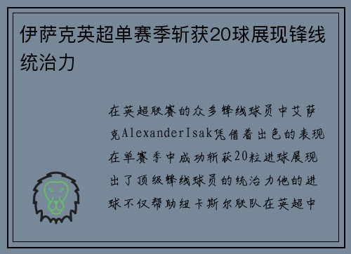 伊萨克英超单赛季斩获20球展现锋线统治力