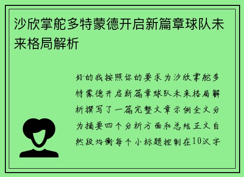 沙欣掌舵多特蒙德开启新篇章球队未来格局解析