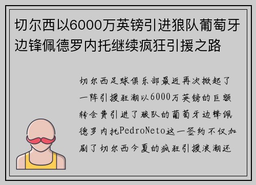 切尔西以6000万英镑引进狼队葡萄牙边锋佩德罗内托继续疯狂引援之路