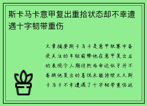 斯卡马卡意甲复出重拾状态却不幸遭遇十字韧带重伤 斯卡马卡意甲复出重拾状态却不幸遭遇十字韧带重伤