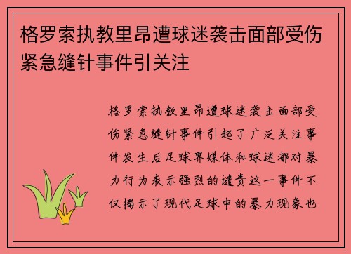 格罗索执教里昂遭球迷袭击面部受伤紧急缝针事件引关注 格罗索执教里昂遭球迷袭击面部受伤紧急缝针事件引关注